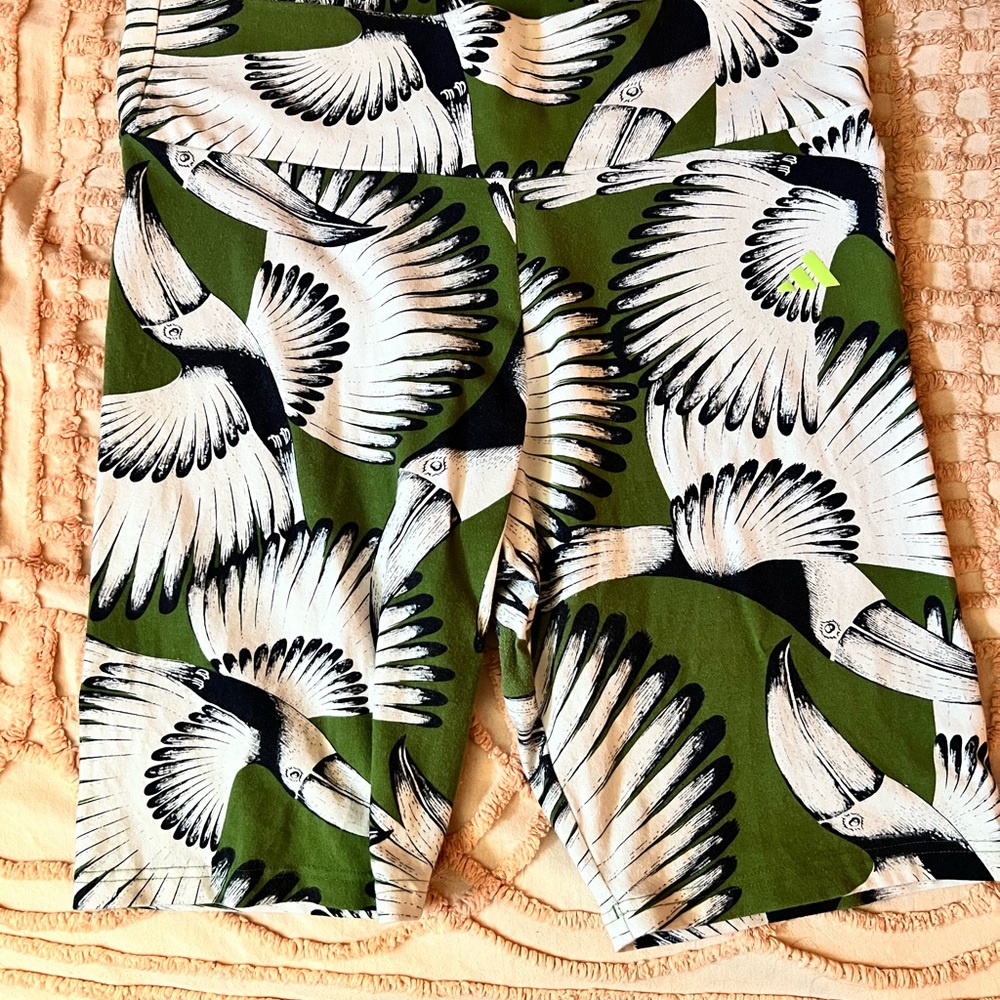 Adidas x FARM Rio Green and White Bird Print Biker Shorts